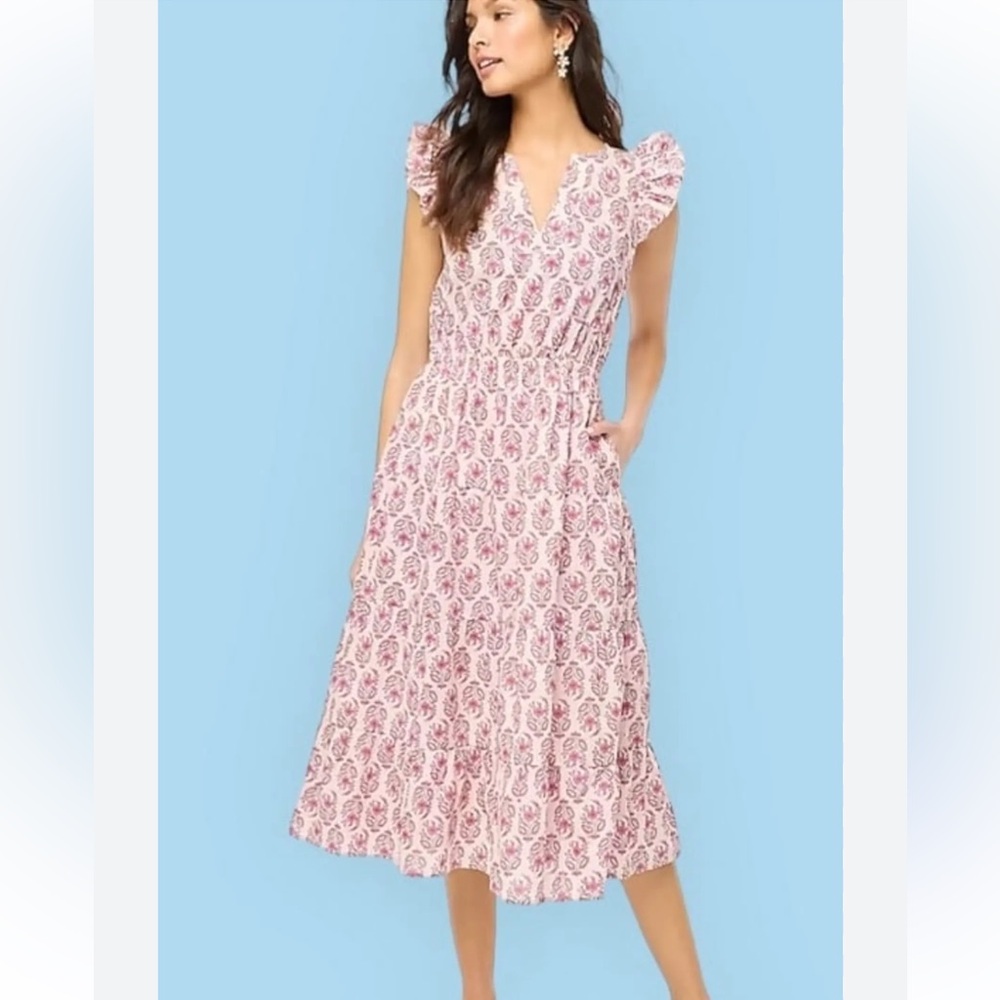 J. Crew Pink and White Block Print  Midi Dress 8